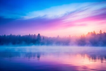Fototapeta premium Scenic view of misty lake sunrise purple blue reflections serene nature scene