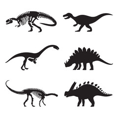 Dinosaur silhouettes and skeletons vector illustration of prehistoric animals isolated on white background