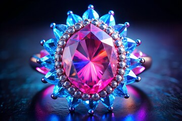 Pink gemstone ring with blue accents jewelry close up detail