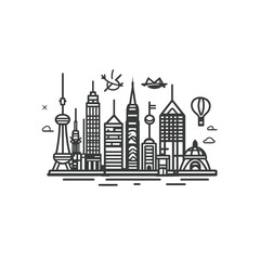 Obraz premium Minimalist Skyline with Buildings, Airplanes, and Clouds on Transparent Background