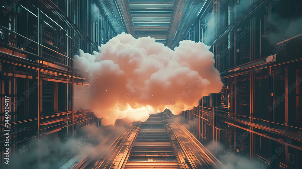 Wall mural surreal architecture with a giant cloud inside a metallic room. generative ai image. [dream architec