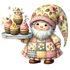 Fototapeta premium Cute gnome character holding a tray of pink frosted cupcakes surrounded by flowers, showcasing a whimsical dessert theme for enchanting celebrations