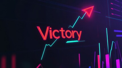 Fototapeta premium Digital display showing the word Victory with an upward trend graph, surrounded by various data visualizations. A vibrant display of success and achievement