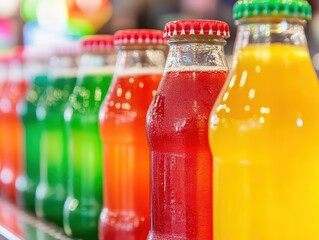 Colorful glass bottles of assorted drinks in a row.  Close-up view showcasing vibrant, refreshing drinks in different colors, including green, orange, red and yellow.  Bottles are capped with red tops