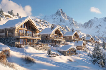Snow-Kissed Chalets: A Winter Mountain Village Landscape with Cozy Wooden Cabins