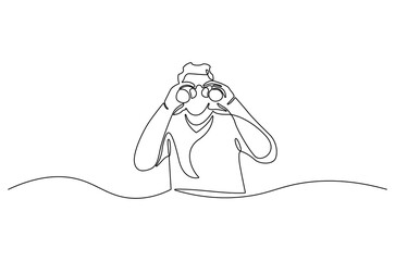 Continuous one line drawing of Young Man looking through with binocular. Single line drawing illustration of Male Enjoy looking for beauty. Finding concept vector art. Doodle line illustration.