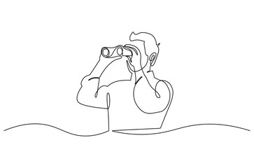 Continuous one line drawing of Young Man looking through with binocular. Single line drawing illustration of Male Enjoy looking for beauty. Finding concept vector art. Doodle line illustration.