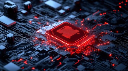 Computer chip on motherboard red glow high tech circuit connectivity