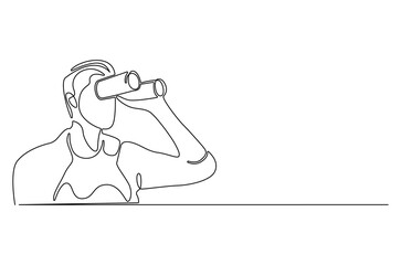 Continuous one line drawing of Young Man looking through with binocular. Single line drawing illustration of Male Enjoy looking for beauty. Finding concept vector art. Doodle line illustration.