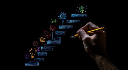 Hand drawing a colorful, upward-spiraling staircase of ideas, with various icons depicting different stages of innovation