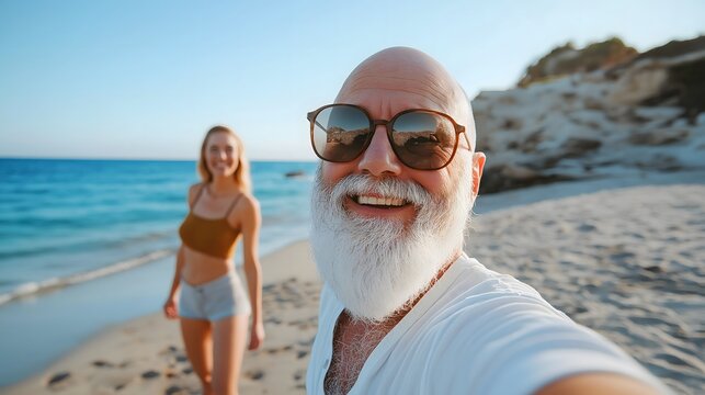 Bright and cheerful selfie of an older Caucasian man with a white beard and sunglasses smiling on a tropical beach with turquoise ocean and white sand under a clear blue sky.