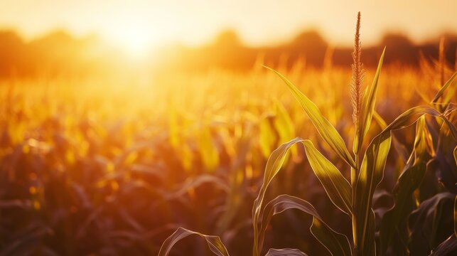 Sunlight filters through a golden cornfield during harvest season in the countryside at dusk