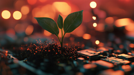 Young green seedling emerging from digital circuit board surrounded by glowing golden bokeh lights representing eco-technology and innovation. Sustainability and future concept
