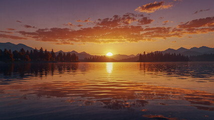 Naklejka premium Serene Sunrise Over Tranquil Lake And Mountains