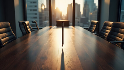 Fototapeta premium Team in Crisis: Empty Boardroom with Hovering Pencil — Ideas Drought Metaphor