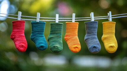 Sports-style socks drying on a white clothesline background