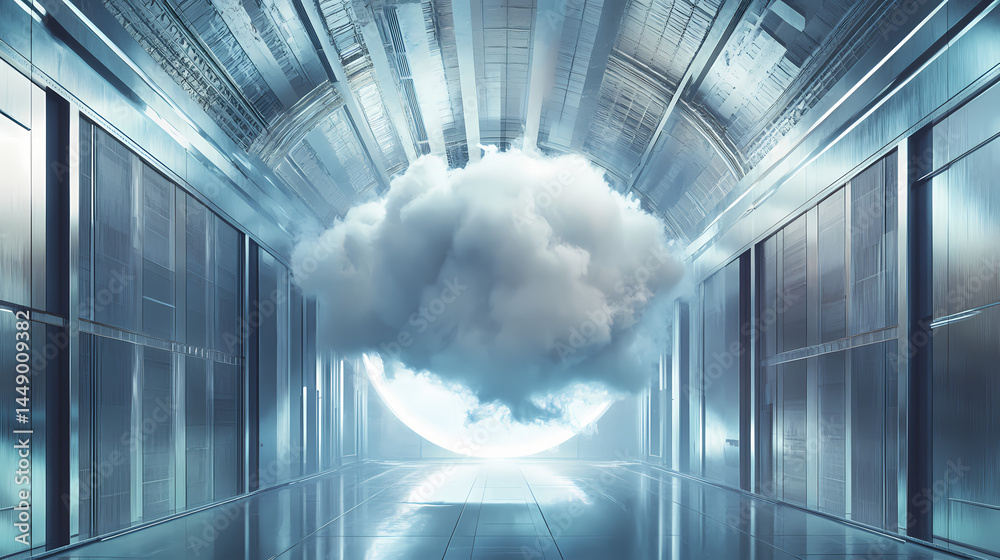 Wall mural surreal architecture with a giant cloud inside a metallic room. generative ai image. [dream architec
