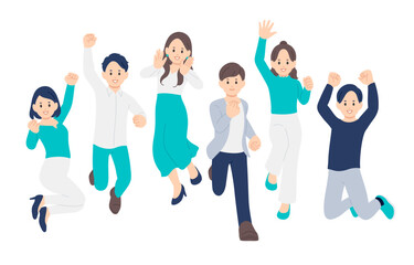 ジャンプする若い男女の全身セット【人物ベクターイラスト素材】