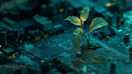 Digital circuit board features glowing green sprout emerging from chip symbolizing eco-technology. Technology concept
