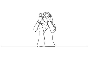 Continuous one line drawing of Young woman looking through with binocular. Single line drawing illustration of female Enjoy looking for beauty. Search concept vector art. Doodle line illustration.