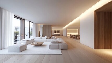 Fototapeta premium serene and minimalist modern living room design featuring expans