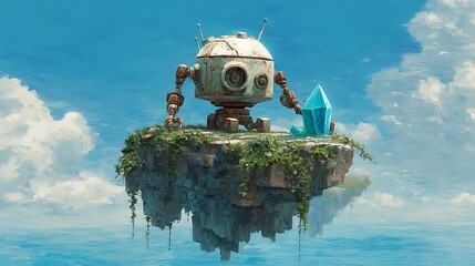 A dying maintenance bot clinging to its island's last working levitation crystal