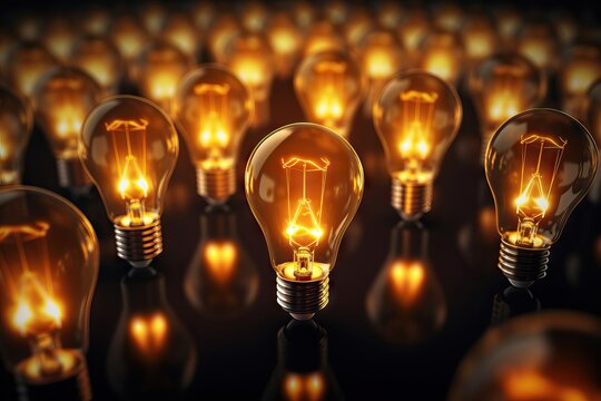 Glowing incandescent light bulbs illuminated in darkness. Concept of innovation, ideas, and electricity. Science education day. Energy efficiency awareness. - Powered by Adobe