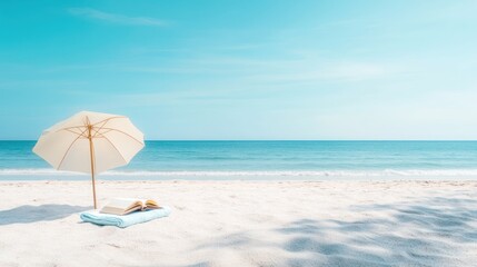 Fototapeta premium Beach relaxation with umbrella book and towel under a bright blue summer sky