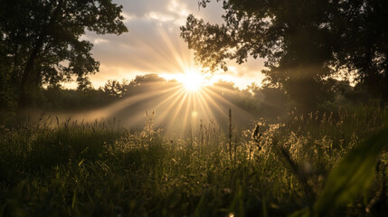 the image shows a sunburst emerging from behind distant trees, illuminating a field. the foreground is filled with tall grasses and other plants, their details softened by a layer of mist or haze