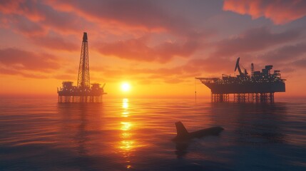 Obraz premium Oil rigs silhouette against sunset sky with whale in calm ocean