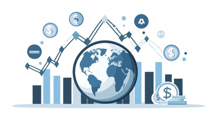 Global financial trends depicted with charts, graphs, and the earth.  Various financial symbols surround the globe, suggesting rising and falling trends in global markets