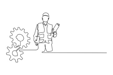 Continuous one line drawing of young engineers looking at gear mechanism. Single line drawing illustration of man looking gear. Business plan concept vector art. Doodle line illustration.