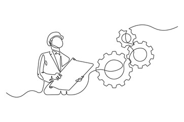 Continuous one line drawing of young engineers looking at gear mechanism. Single line drawing illustration of man looking gear. Business plan concept vector art. Doodle line illustration.