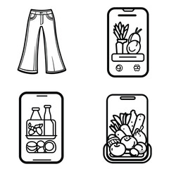 Outline Art Wide Leg Jeans, Smart Phone UI with Fruits, Vegetables, Juice