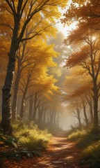 Golden canopy, lush undergrowth in sunlit forest glade, rich autumn hues, color, background