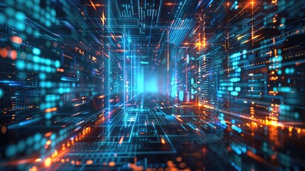 Fototapeta premium Immerse yourself in this vibrant futuristic digital space, showcasing intricate light patterns and data streams that create a mesmerizing visual experience.