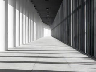 Long, white-walled corridor with dark window framing. Sunlight creates strong shadows on the floor