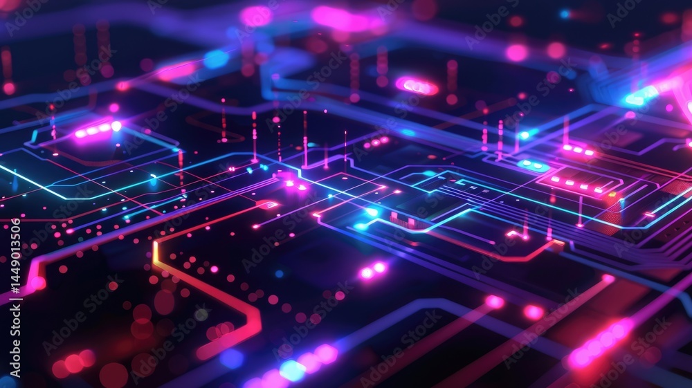 Poster vibrant abstract graphic representing embedded computing technology, featuring colorful lines and li