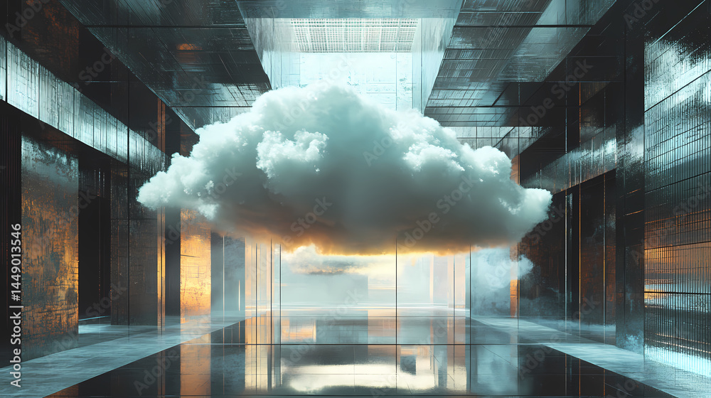 Sticker surreal architecture with a giant cloud inside a metallic room. generative ai image. [dream architec