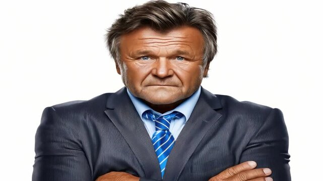 Serious businessman in a suit with arms crossed, displaying confidence and authority in a corporate environment