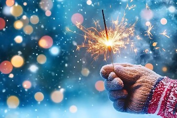 A child s gloved hand holds a sparkling winter sparkler against a magical snowy backdrop of twinkling lights and soft