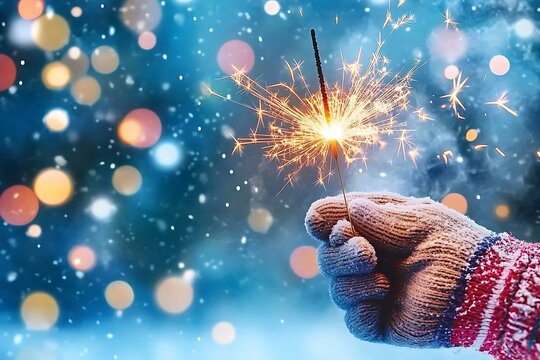 A child s gloved hand holds a sparkling winter sparkler against a magical snowy backdrop of twinkling lights and soft