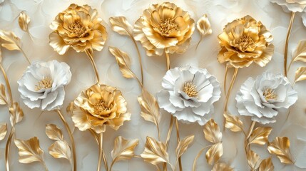 Golden Carnations with Stucco Stems and Leaves An elegant 3D floral background. Elegant 3D Floral Background Featuring Golden Carnations with Stucco Stems and Leaves.