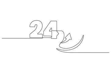 Continuous one line drawing of 24 Hours icon. Single line drawing illustration of Open every day service. Busines icon concept vector art. Doodle line illustration.