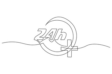Continuous one line drawing of 24 Hours icon. Single line drawing illustration of Open every day service. Busines icon concept vector art. Doodle line illustration.