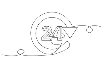 Continuous one line drawing of 24 Hours icon. Single line drawing illustration of Open every day service. Busines icon concept vector art. Doodle line illustration.