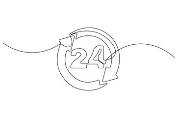 Continuous one line drawing of 24 Hours icon. Single line drawing illustration of Open every day service. Busines icon concept vector art. Doodle line illustration.