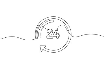 Continuous one line drawing of 24 Hours icon. Single line drawing illustration of Open every day service. Busines icon concept vector art. Doodle line illustration.