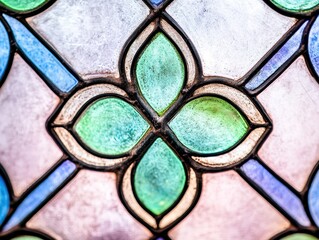 Close-up of intricate stained glass design.  Floral, symmetrical pattern of colored glass pieces, set in a geometric grid, showcasing vibrant hues of teal, pink, and blue