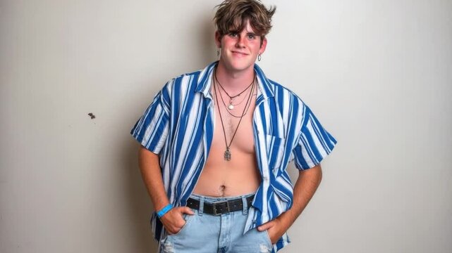 Young man with tousled hair wearing blue and white striped shirt poses confidently against a neutral backdrop